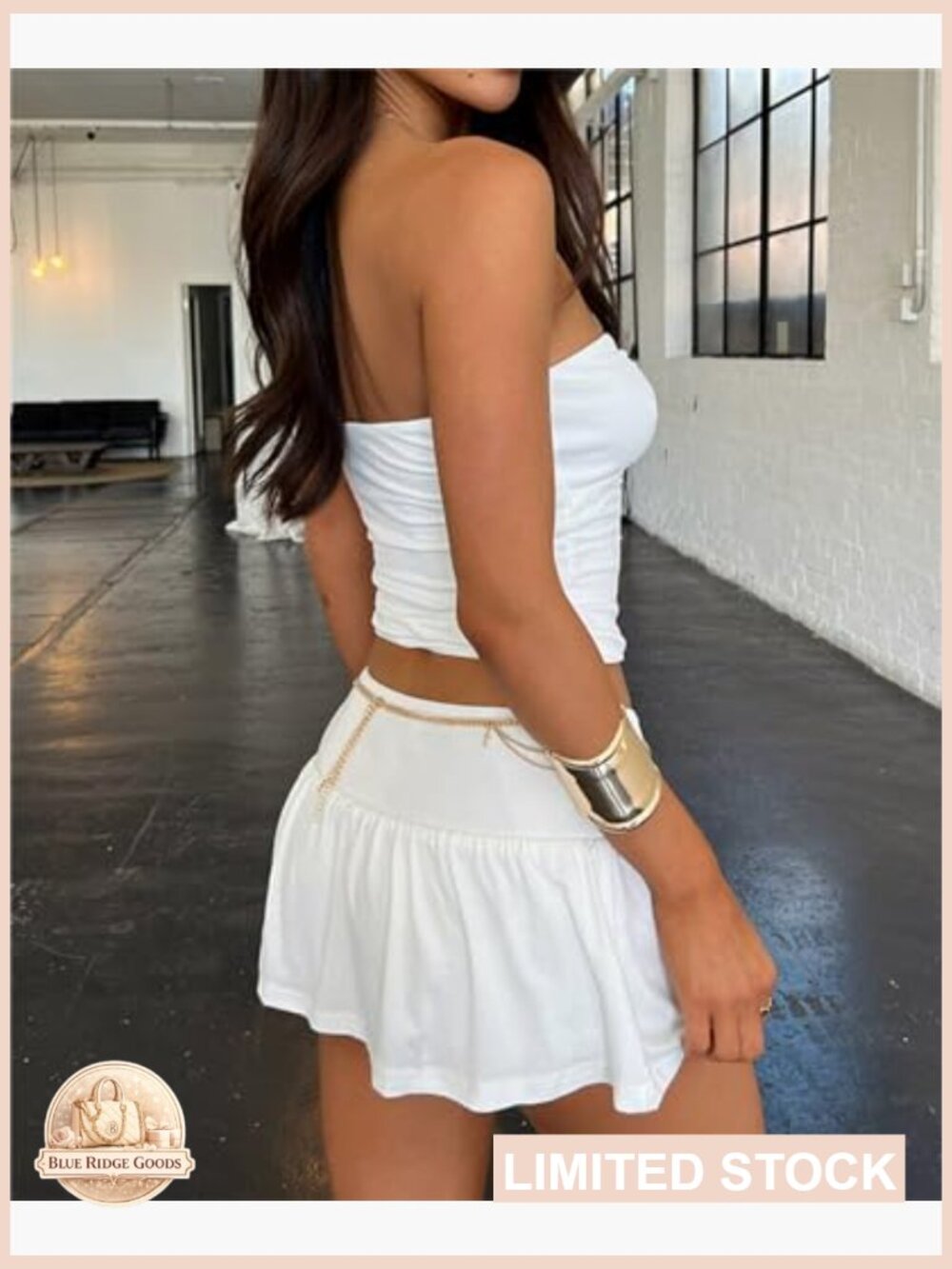 Y2K Two Piece Skirt Set Tie Ruched Tube Crop Top Low Rise Pleated Mini Skort - Picture 4 of 6